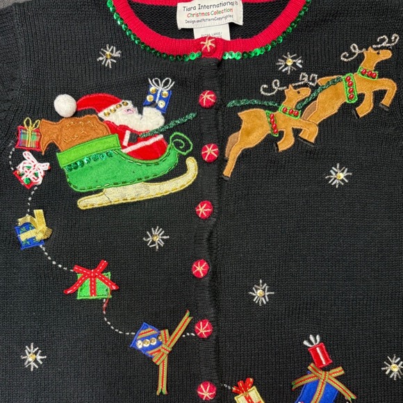 Tiara International Christmas sweater XL Santa sleigh reindeer gifts sequin knit - Picture 5 of 8